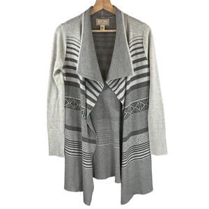 Ruby Moon Geometric Striped Open Front Long Cardigan Gray Medium Boho Drape